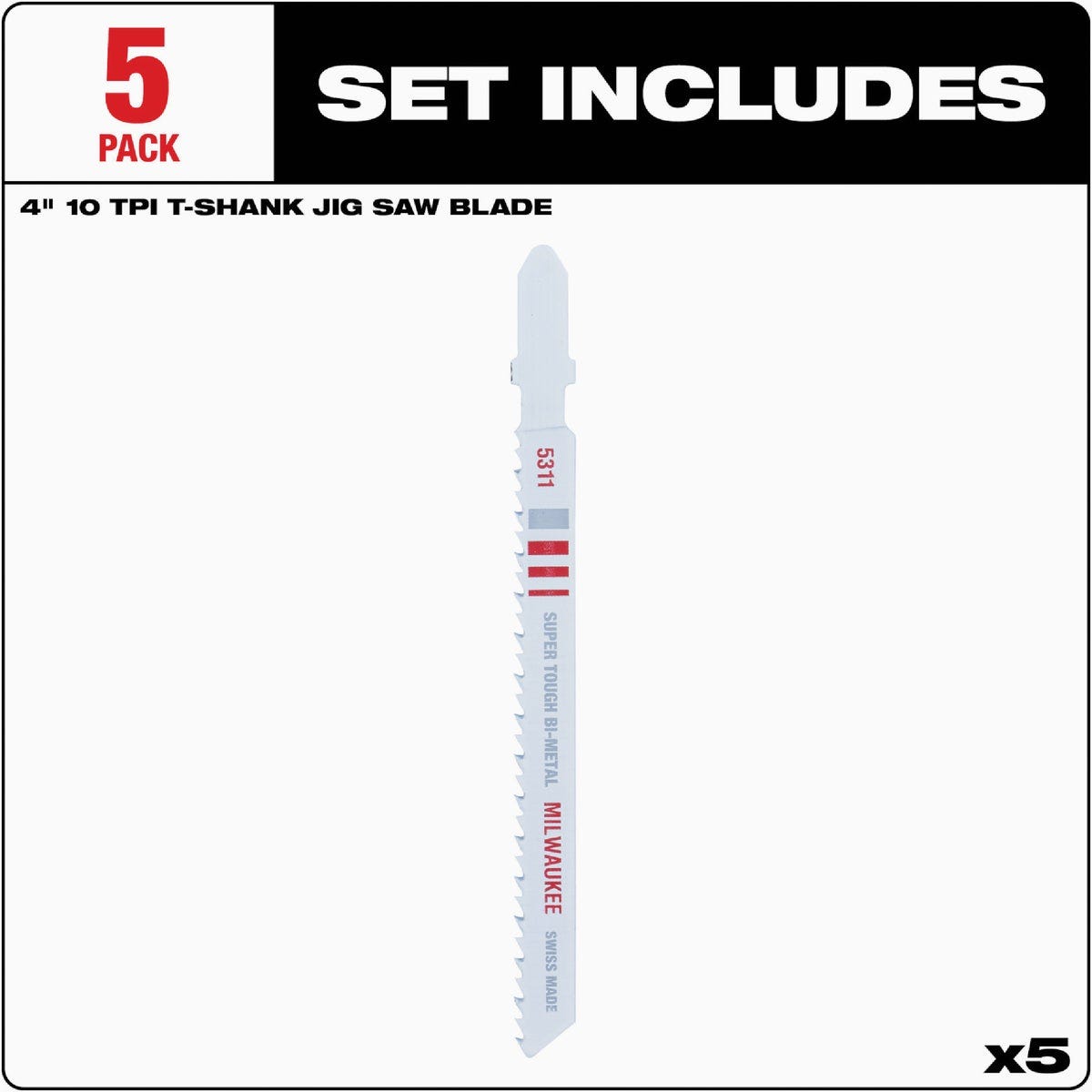 Milwaukee T-Shank 4 In. x 10 TPI Bi-Metal Jig Saw Blade, Wood Cutting (5-Pack) - photo 3