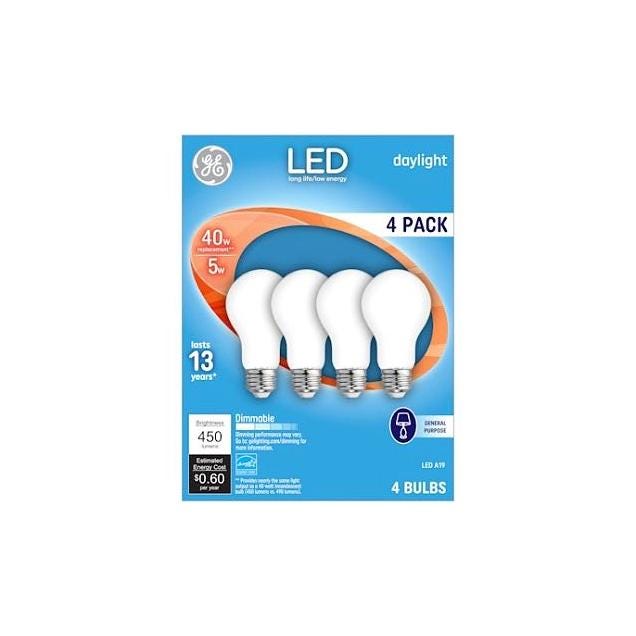 GE 5W A19 Medium Base 450 Lumens Dimmable LED Light Bulb (4-Pack) GE 5W A19 Medium Base 450 Lumens Dimmable LED Light Bulb (4-Pack)