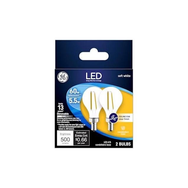 GE 5.5W Soft White A15 Candelebra Base 500 Lumens Clear Dimmable Ceiling Fan LED Light Bulb (2-Pack)