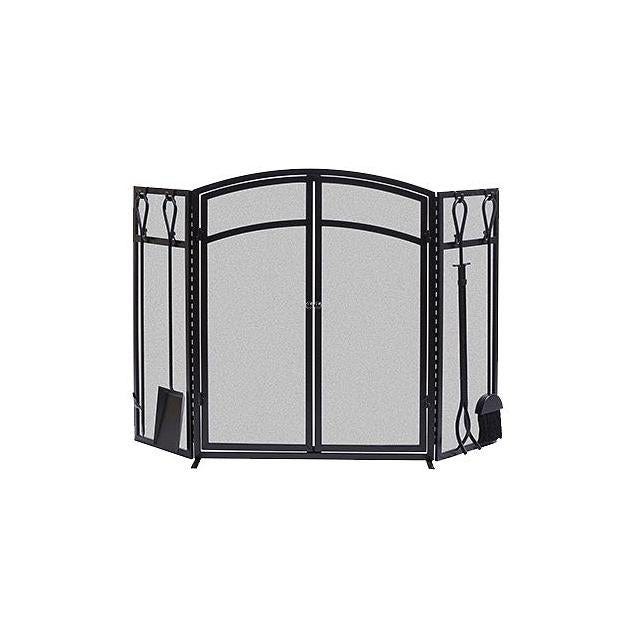 Panacea 3-Panel Black Arched Fireplace Screen with Doors and Tools