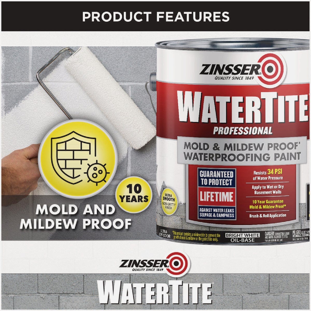 Zinsser WaterTite Professional Bright White Mold and Mildew-Proof Waterproofing Paint, 1 Gal. - photo 6