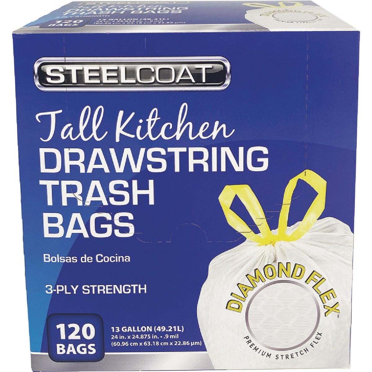 Steelcoat Diamond Flex 13 Gal. Unscented Tall Kitchen White Drawstring Trash Bag (120-Count) Steelcoat Diamond Flex 13 Gal. Unscented Tall Kitchen White Drawstring Trash Bag (120-Count)