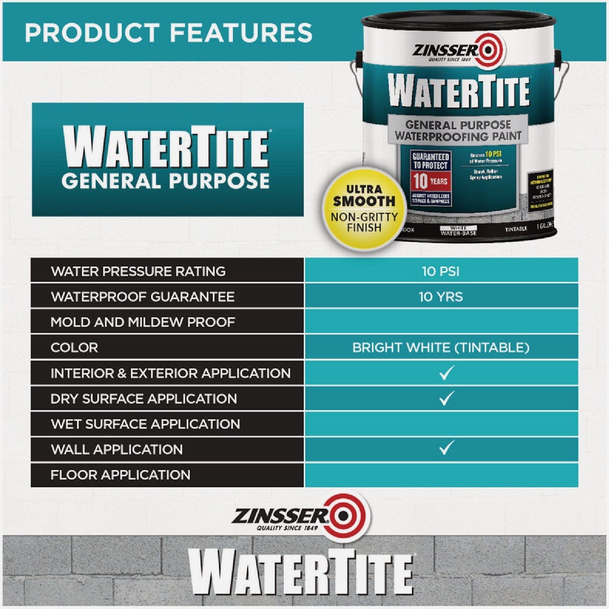 Zinsser WaterTite White General Purpose Waterproofing Paint, 1 Gal. - photo 3