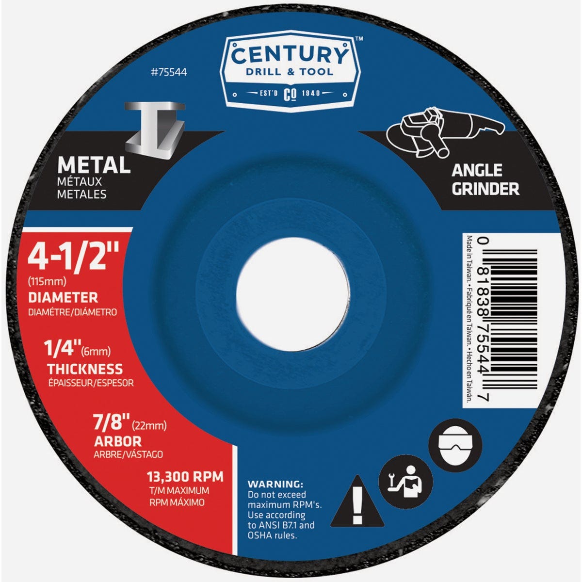Century Drill & Tool 4-1/2 In. x 1/4 In. x 7/8 In. Depressed Center Metal Grinding Wheel Century Drill & Tool 4-1/2 In. x 1/4 In. x 7/8 In. Depressed Center Metal Grinding Wheel