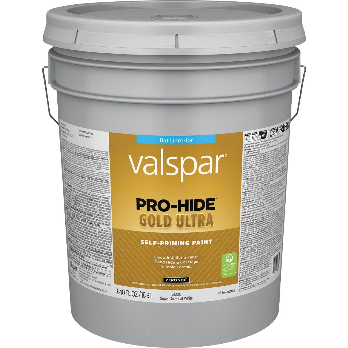 Valspar Pro-Hide Gold Ultra Zero VOC Latex Flat Interior Wall Paint, Super-One Coat White, 5 Gal.
