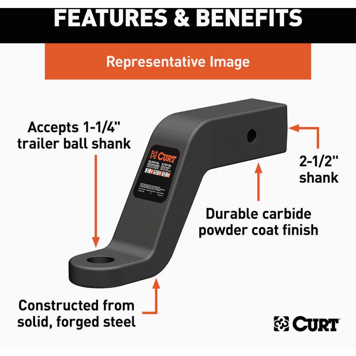 CURT 20000 Lb. 4 In. Drop 2-1/2 In. Rise 1-1/4 In Hole Commercial-Duty Trailer Hitch Ball Mount fits 2-1/2 In. Receiver - photo 5