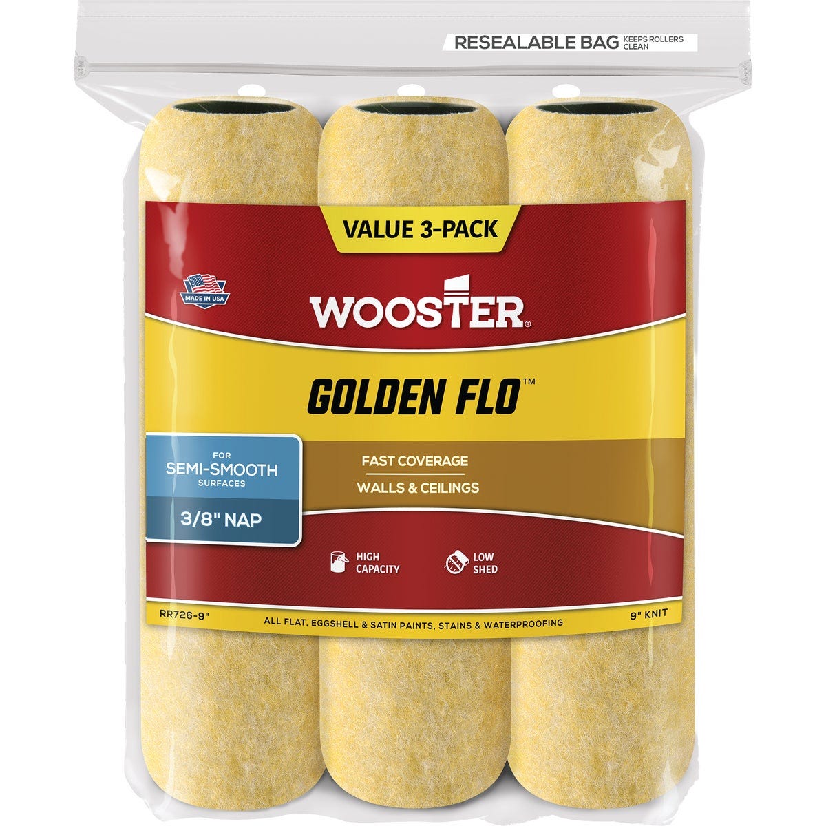 Wooster Golden Flo 9 In. x 3/8 In. Knit Fabric Roller Cover (3-Pack) Wooster Golden Flo 9 In. x 3/8 In. Knit Fabric Roller Cover (3-Pack)