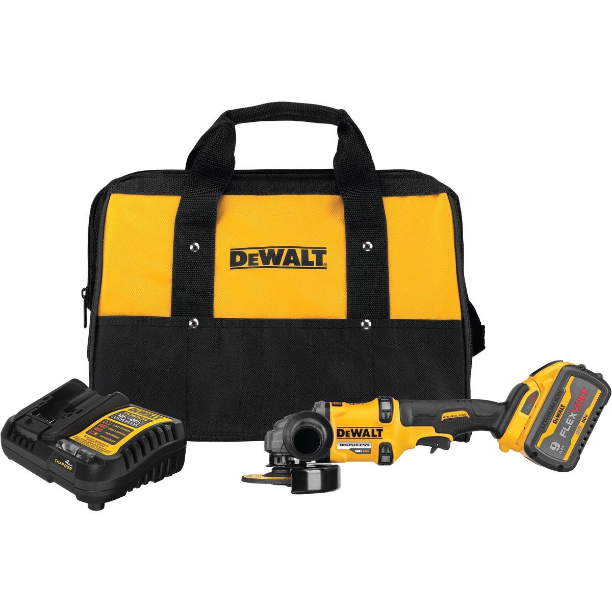 DEWALT FLEXVOLT 60V MAX 4-1/2 In. / 6 In. Brushless Cordless Angle Grinder Kit with FLEXVOLT 9.0 Ah Battery & Charger DEWALT FLEXVOLT 60V MAX 4-1/2 In. / 6 In. Brushless Cordless Angle Grinder Kit with FLEXVOLT 9.0 Ah Battery & Charger