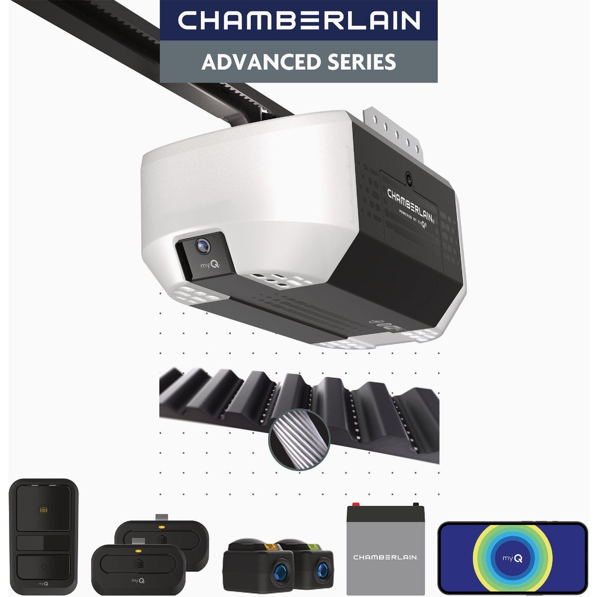 Chamberlain 3/4 HP Belt Drive Smart Garage Door Opener with Fixed Camera, Battery Backup, 2-Bulb Lighting, and myQ Connectivity