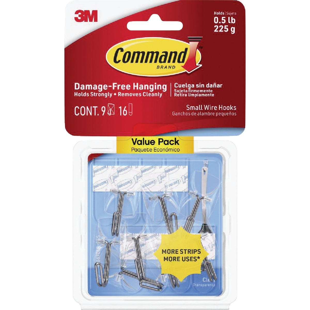 Command Small Clear Wire Hooks, 9 Hooks, 16 Strips