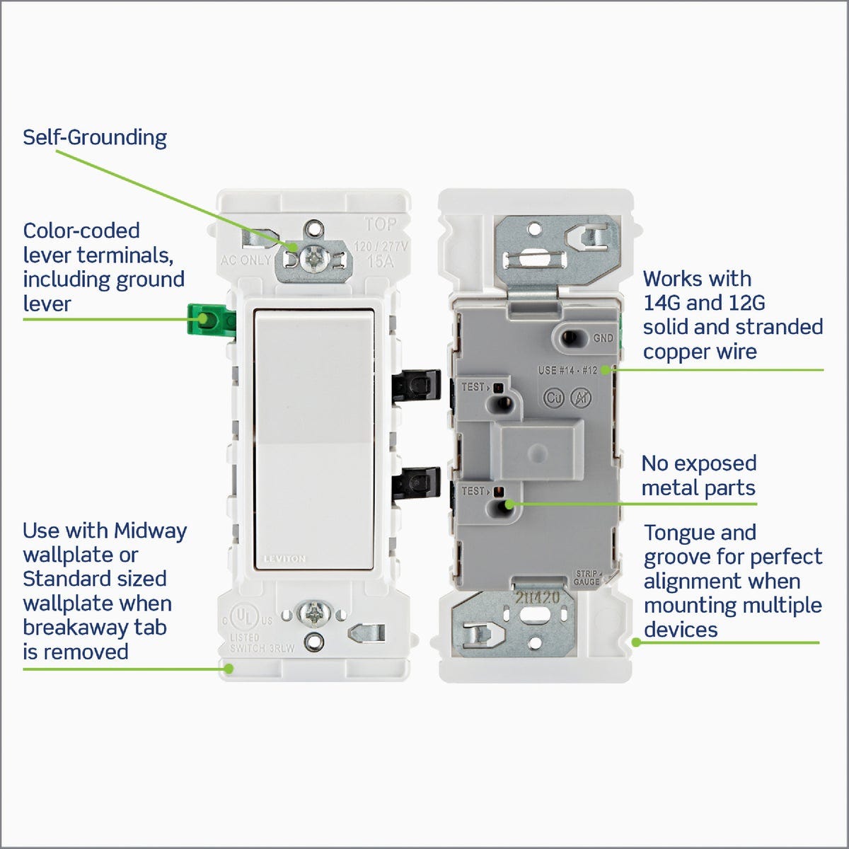 Leviton Decora Lever Edge Residential Grade 15A Rocker Single Pole Switch, White (10-Pack) - photo 4 Leviton Decora Lever Edge Residential Grade 15A Rocker Single Pole Switch, White (10-Pack) - photo 4
