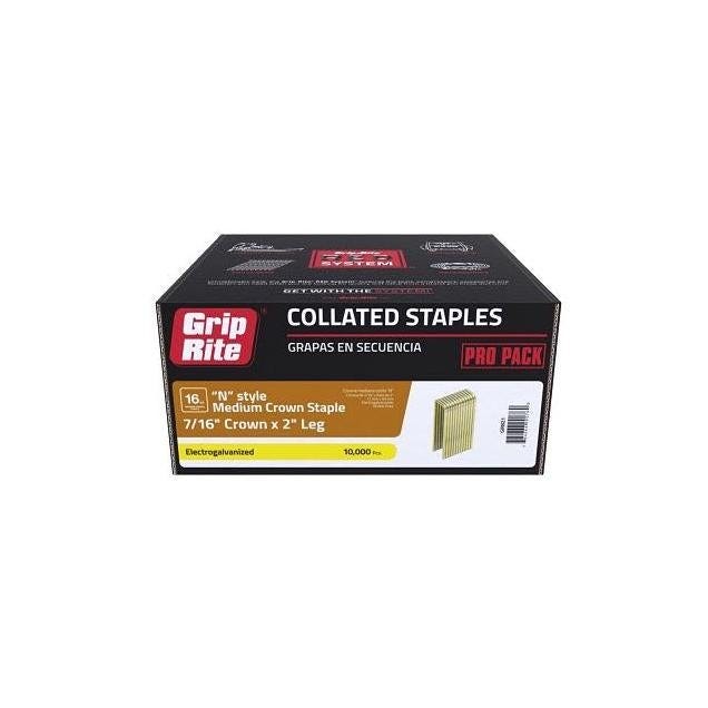Grip-Rite 7/16 In. x 2 In. 16-Gauge Electrogalvanized N-Style Medium Collated Crown Staple (10,000 Ct.) Grip-Rite 7/16 In. x 2 In. 16-Gauge Electrogalvanized N-Style Medium Collated Crown Staple (10,000 Ct.)