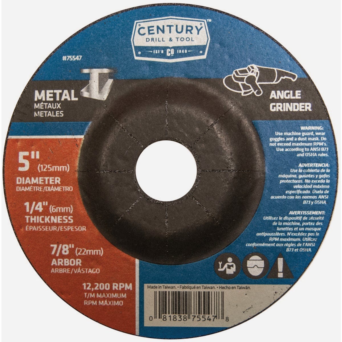 Century Drill & Tool 5 In. x 1/4 In. x 7/8 In. Depressed Center Metal Grinding Wheel