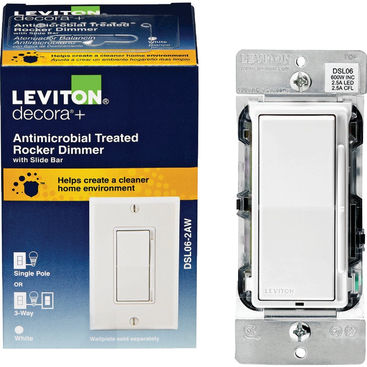 Leviton Decora Incandescent/Halogen/LED White Antimicrobial Treated Rocker Slide Dimmer Leviton Decora Incandescent/Halogen/LED White Antimicrobial Treated Rocker Slide Dimmer