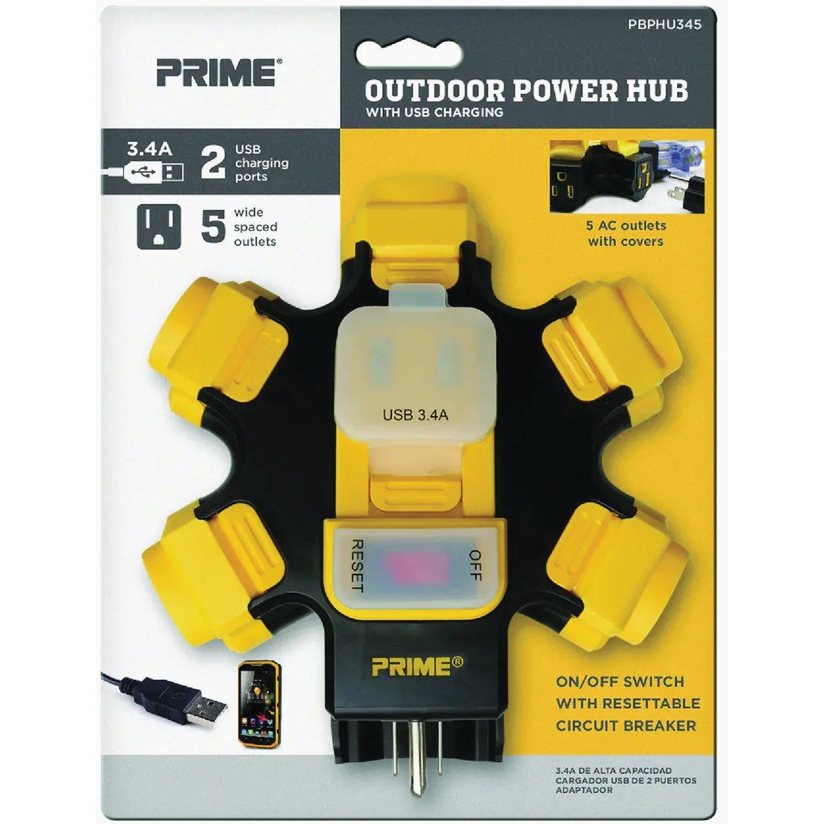 Prime 5-Outlet Power Hub with 2-Port USB Charger and Covers Prime 5-Outlet Power Hub with 2-Port USB Charger and Covers