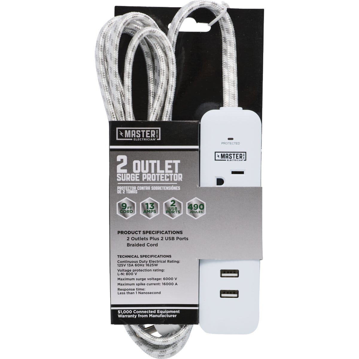 Do it Best 2-Outlet/2-USB 450J White Surge Protector with 9 Ft. Braided Cord & Right Angle Plug
