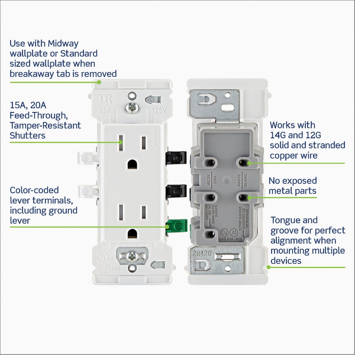 Leviton Decora Edge 15A White Residential Grade 5-15R Duplex Outlet (10-Pack) - photo 4