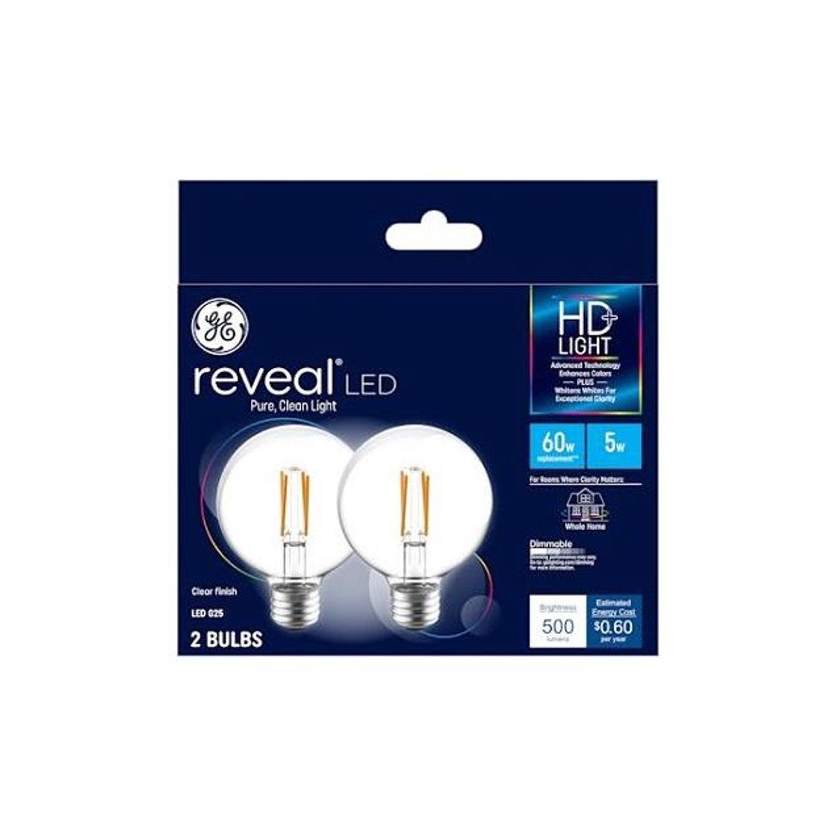 GE 2-Pack 5.5W 500 Lumens Clear Pure White LED Reveal Globe Light Bulbs