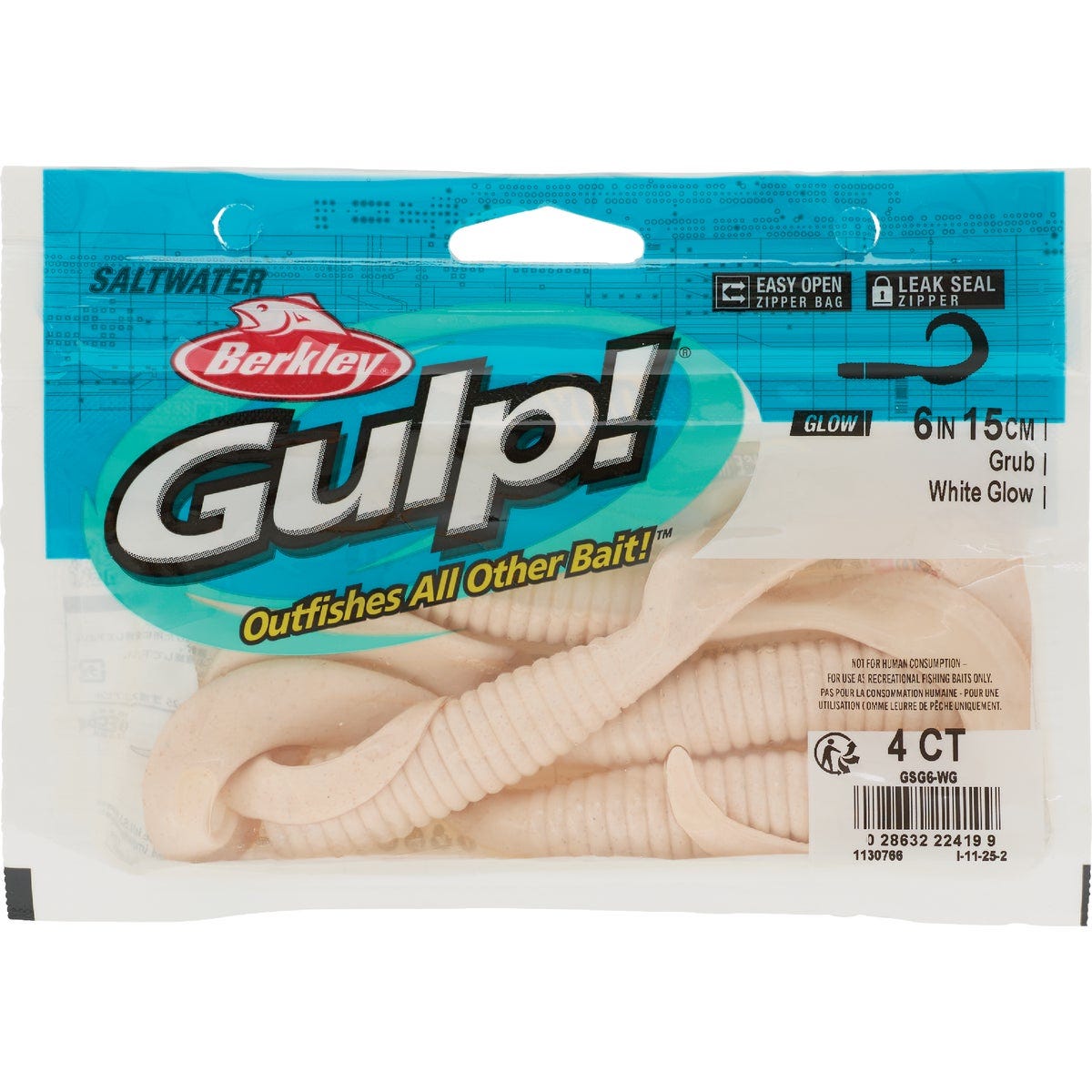 Berkley Gulp! White Glow Saltwater Grub Fishing Lure
