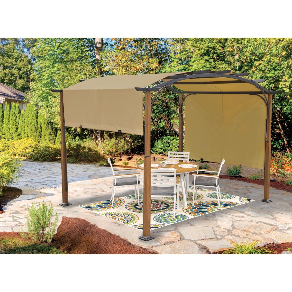 Outdoor Expressions 9.84 Ft. W. x 8.27 Ft. H. x 11.81 Ft. L. Woodgrain Steel Pergola - photo 2 Outdoor Expressions 9.84 Ft. W. x 8.27 Ft. H. x 11.81 Ft. L. Woodgrain Steel Pergola - photo 2