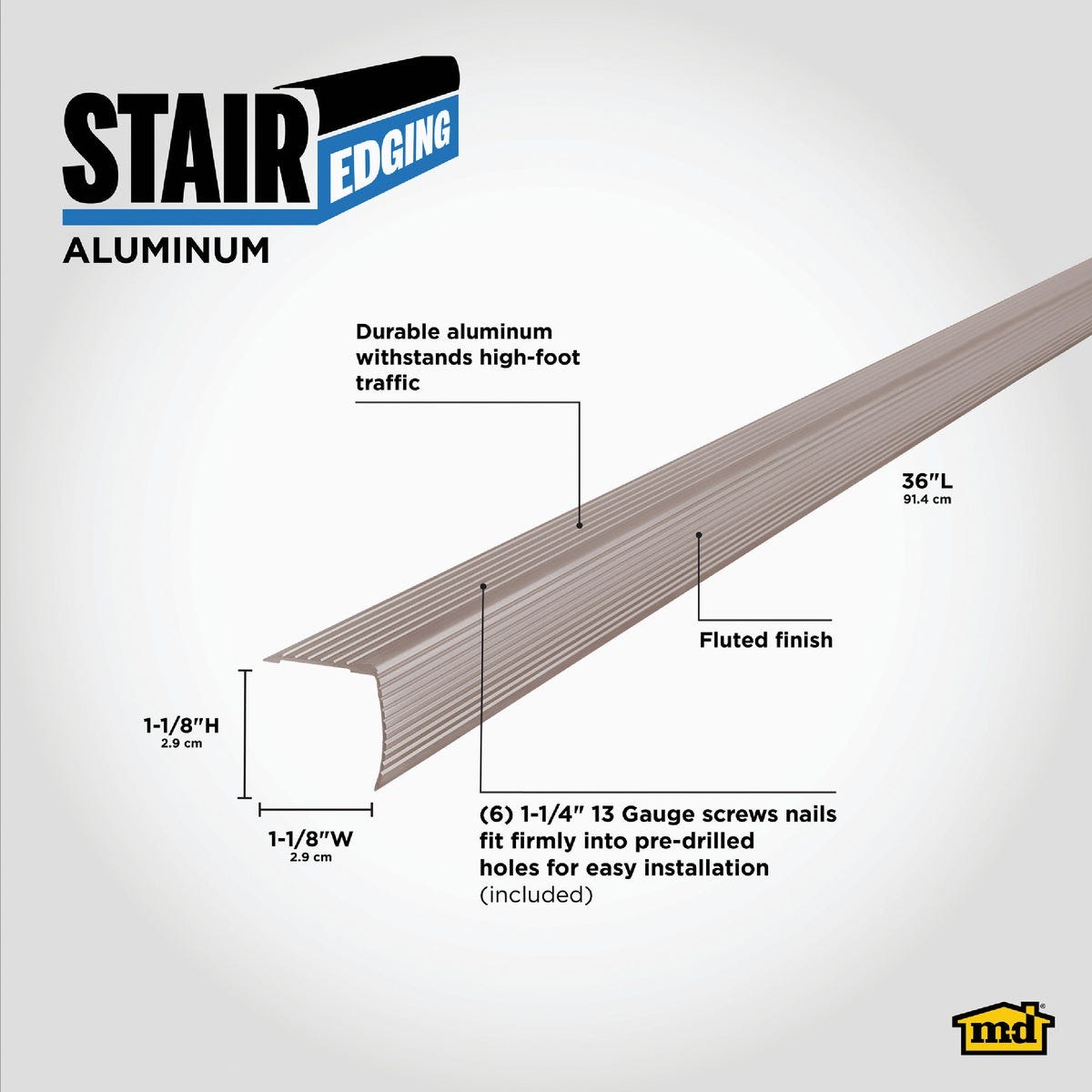 M-D Building Products 1-1/8 In. X 1-1/8 In. X 36 In. Pewter Aluminum Stair Edging with Screw Nails - photo 3 M-D Building Products 1-1/8 In. X 1-1/8 In. X 36 In. Pewter Aluminum Stair Edging with Screw Nails - photo 3