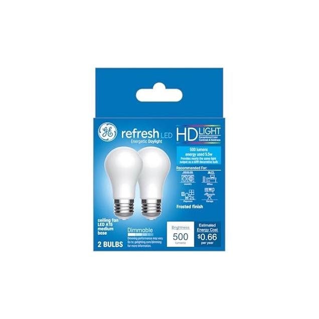 GE 5.5W Daylight A15 Medium Base HD+ Refresh Ceiling Fan LED Light Bulb (2-Pack) GE 5.5W Daylight A15 Medium Base HD+ Refresh Ceiling Fan LED Light Bulb (2-Pack)
