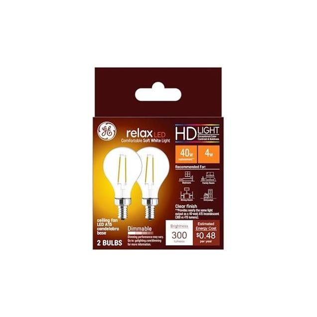 GE 4W Soft White A15 Candelabra Base 300 Lumens Clear Ceiling Fan LED Light Bulb (2-Pack) GE 4W Soft White A15 Candelabra Base 300 Lumens Clear Ceiling Fan LED Light Bulb (2-Pack)