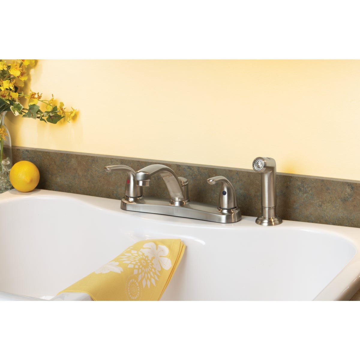 Home Impressions 2-Handle Metal Lever Kitchen Faucet with Side Spray, Brushed Nickel - photo 2