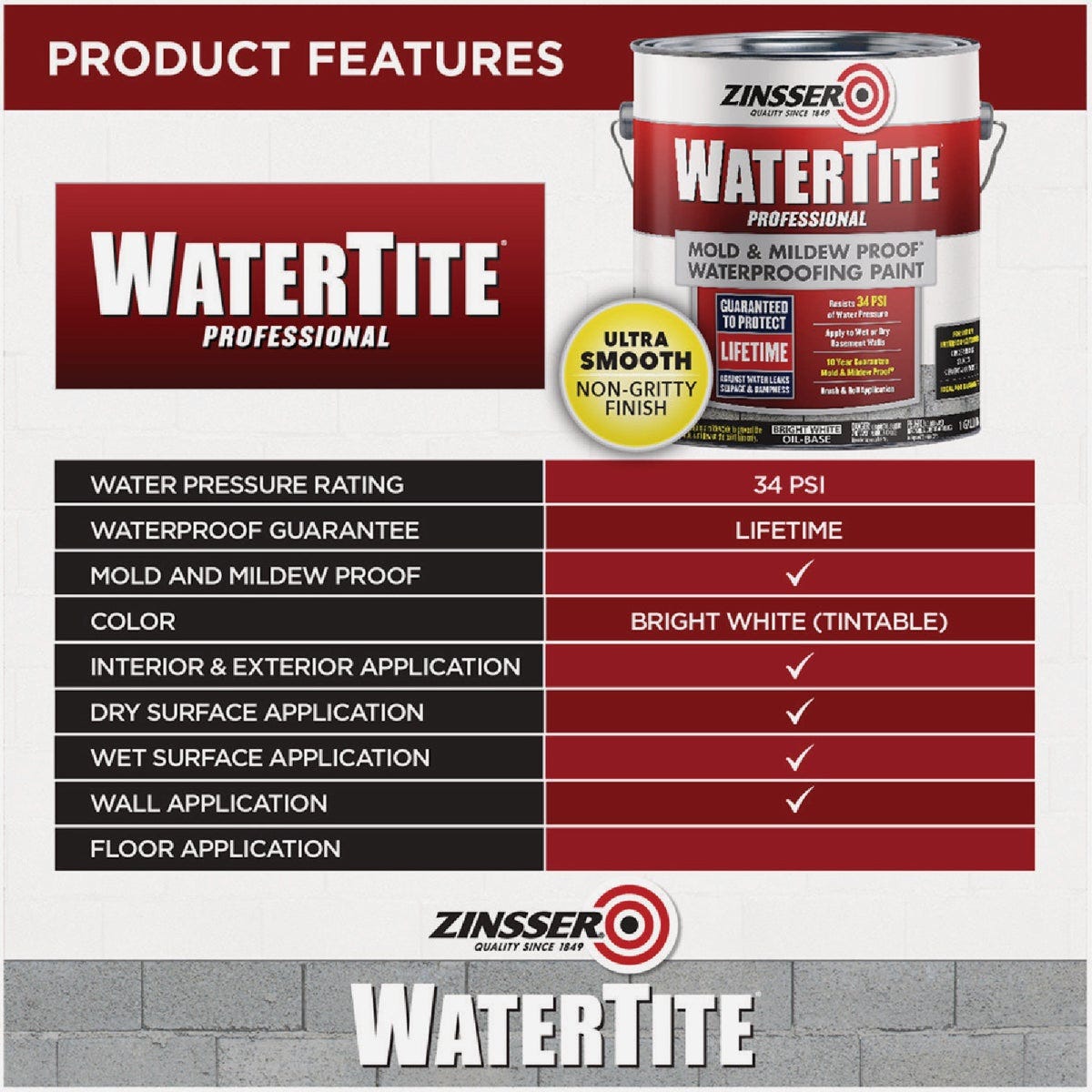 Zinsser WaterTite Professional Bright White Mold and Mildew-Proof Waterproofing Paint, 1 Gal. - photo 4