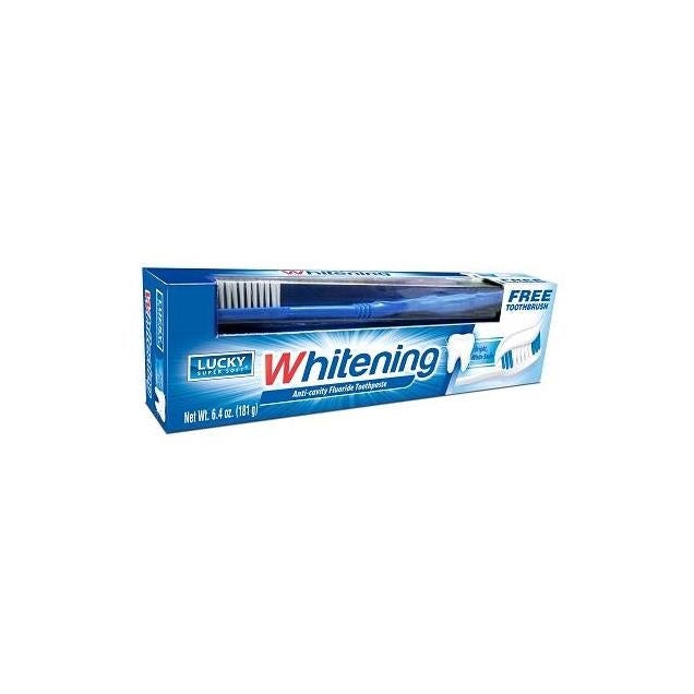 Lucky Super Soft 6.4 Oz. Fresh Mint Whitening Fluoride Toothpaste + Bonus Toothbrush Lucky Super Soft 6.4 Oz. Fresh Mint Whitening Fluoride Toothpaste + Bonus Toothbrush