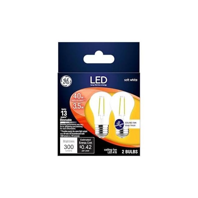 GE 3.5W Soft White A15 Medium Base 300 Lumens Clear Dimmable Ceiling Fan LED Light Bulb (2-Pack) GE 3.5W Soft White A15 Medium Base 300 Lumens Clear Dimmable Ceiling Fan LED Light Bulb (2-Pack)