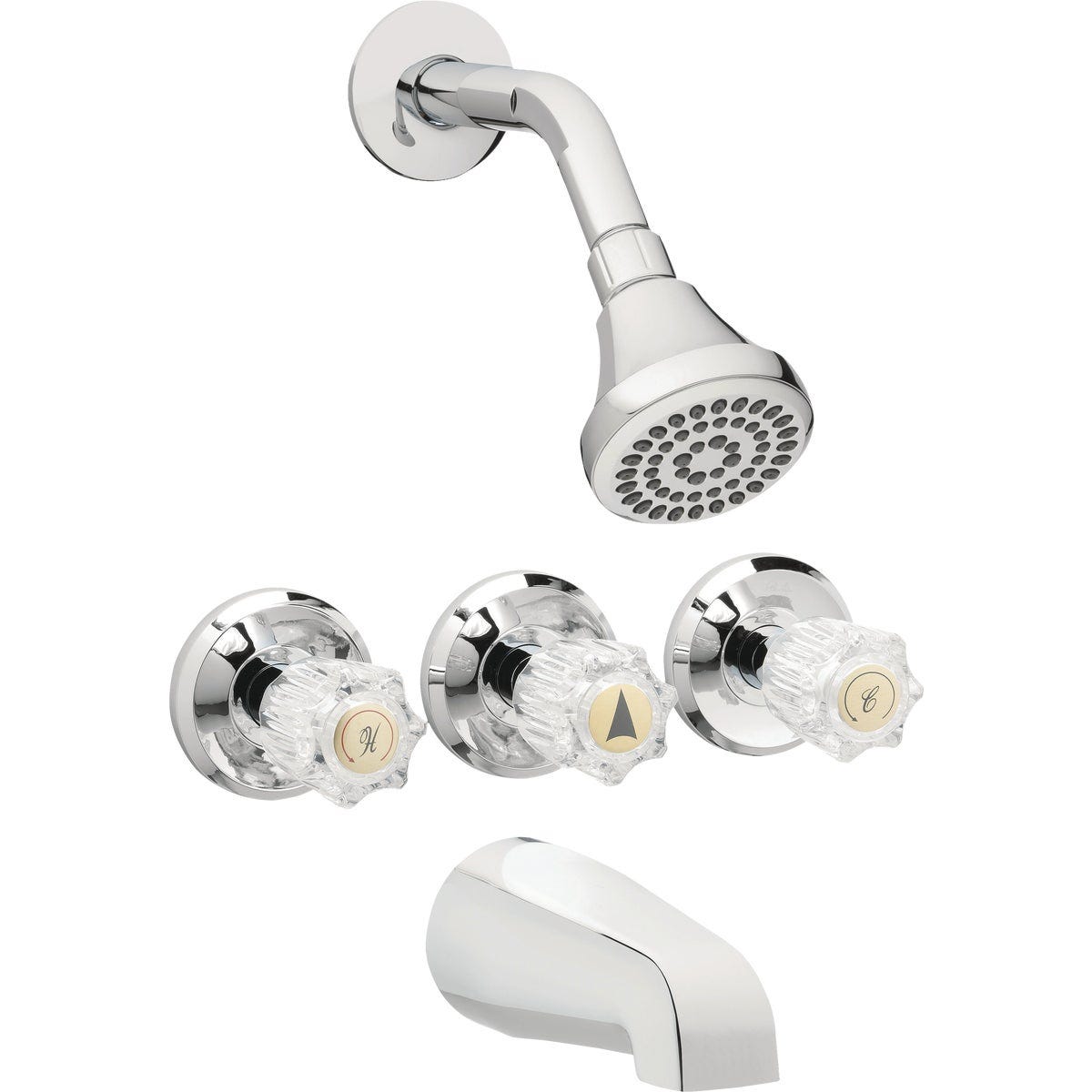 Homepointe Tub & Shower Faucet + Showerhead, 3 Acrylic Handles, Chrome Homepointe Tub & Shower Faucet + Showerhead, 3 Acrylic Handles, Chrome