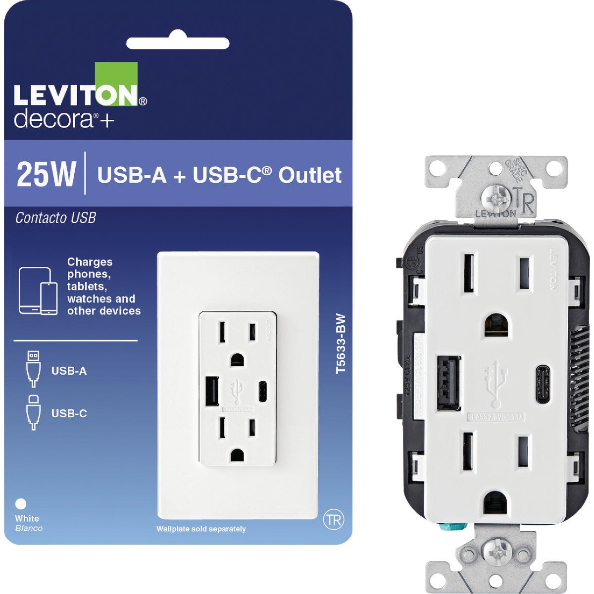 Leviton Decora 5.1A 5V White Type A/C USB Charging Outlet with 15A 125V 5-15R Tamper Resistant Duplex Outlet