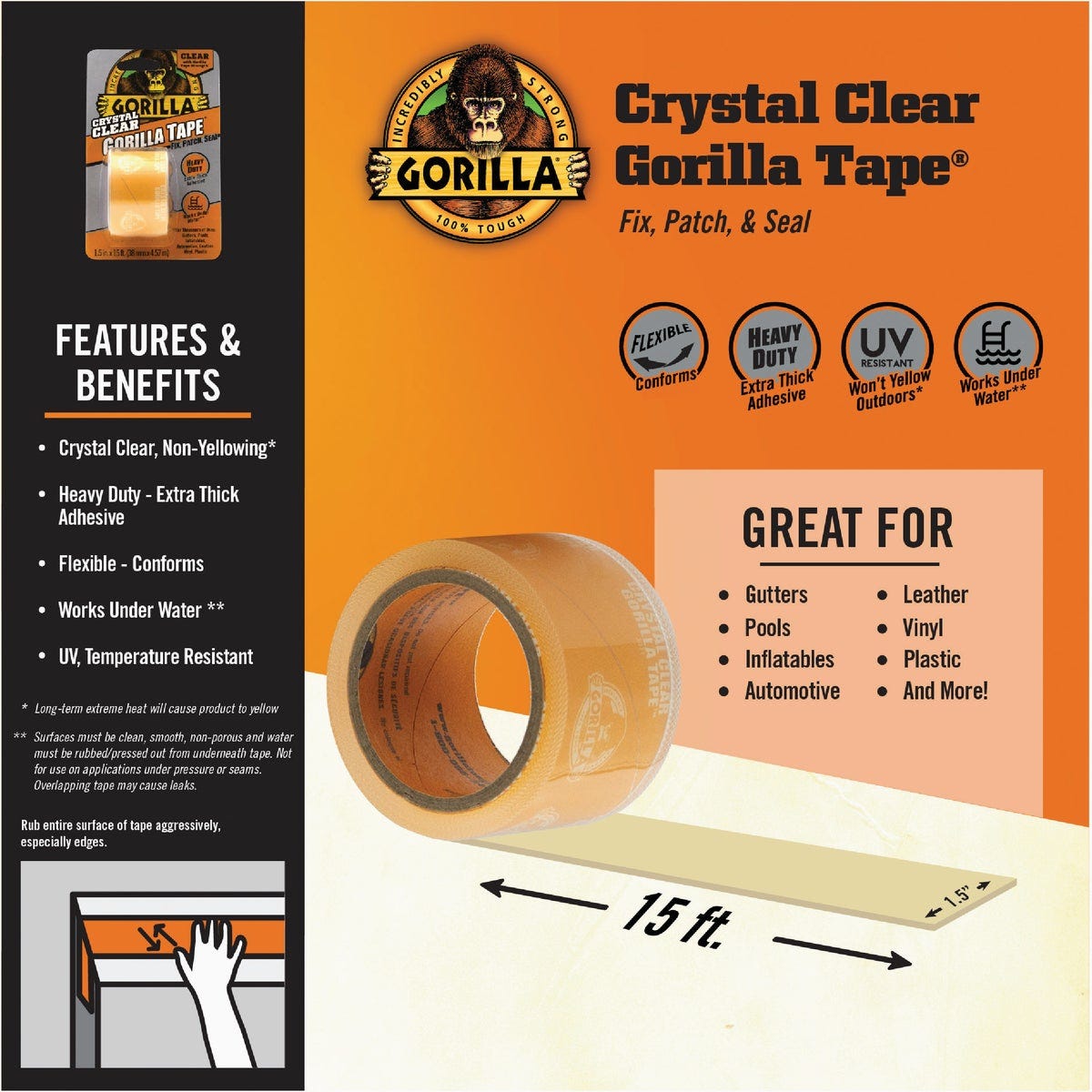 Gorilla 1-1/2 In. x 5 Yd. Crystal Clear Duct Tape, Clear - photo 5