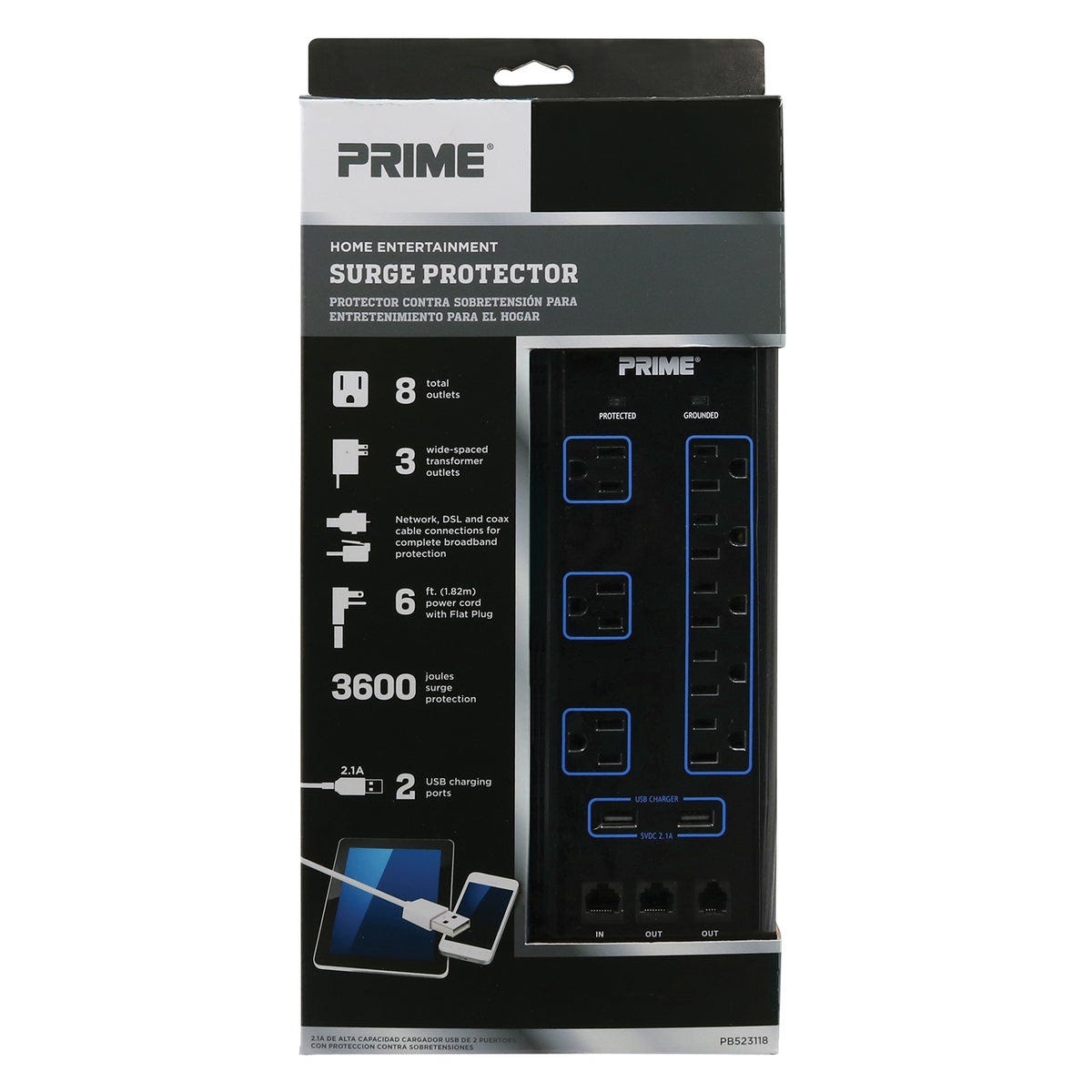 Prime 8-Outlet 3600J Multimedia Surge Protector Strip with 2-Port USB Charger & 6 Ft. Cord