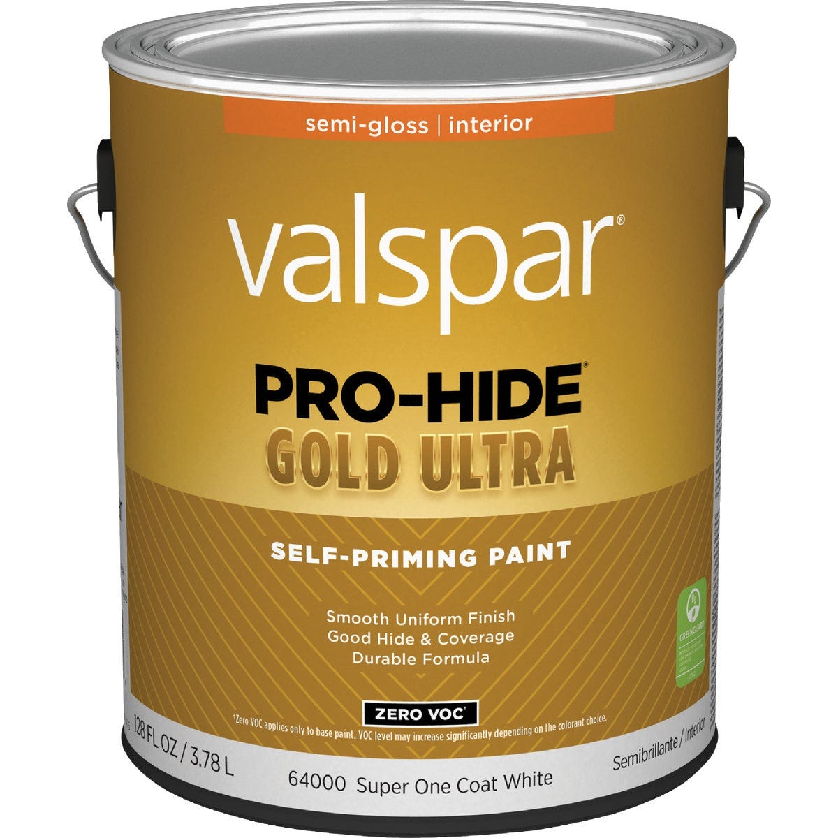 Valspar Pro-Hide Gold Ultra Zero VOC Latex Semi-Gloss Interior Wall Paint, Super One-Coat White, 1 Gal.