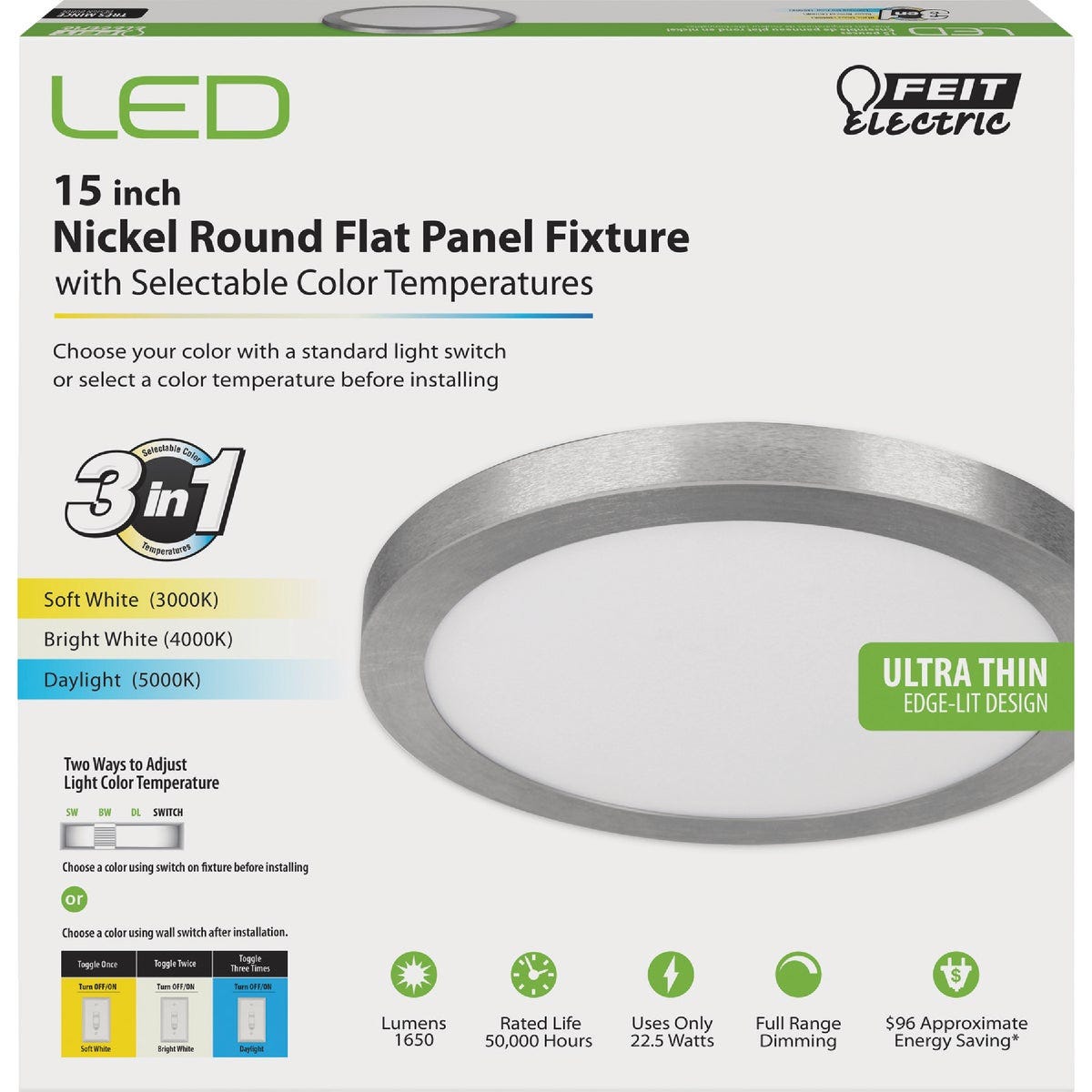 Feit Electric Edge-Lit 15 In. Nickel Round 4-Way LED Flush Mount Light