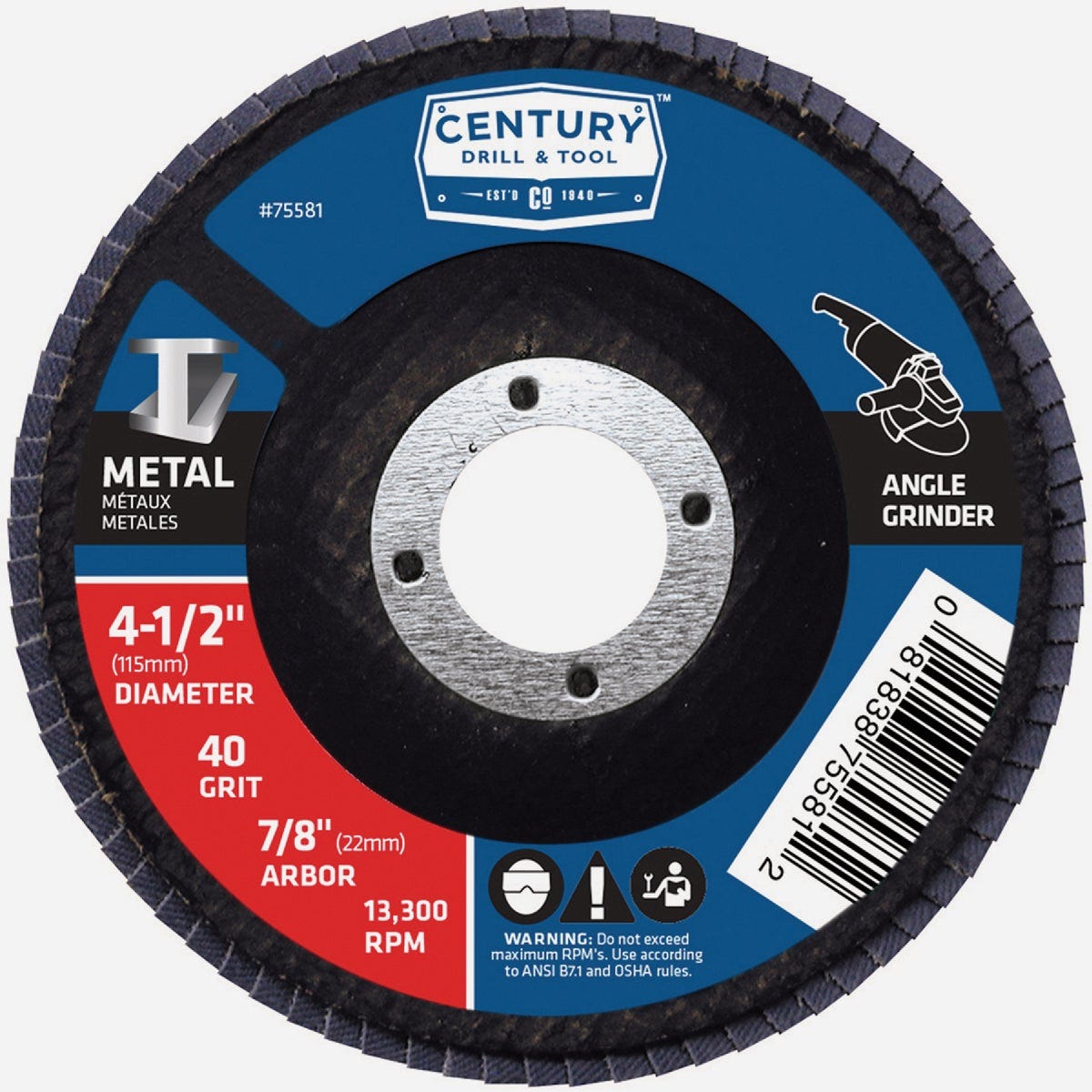 Century Drill & Tool 4-1/2 In. x 7/8 In. 40 Grit Angle Grinder Flap Disc