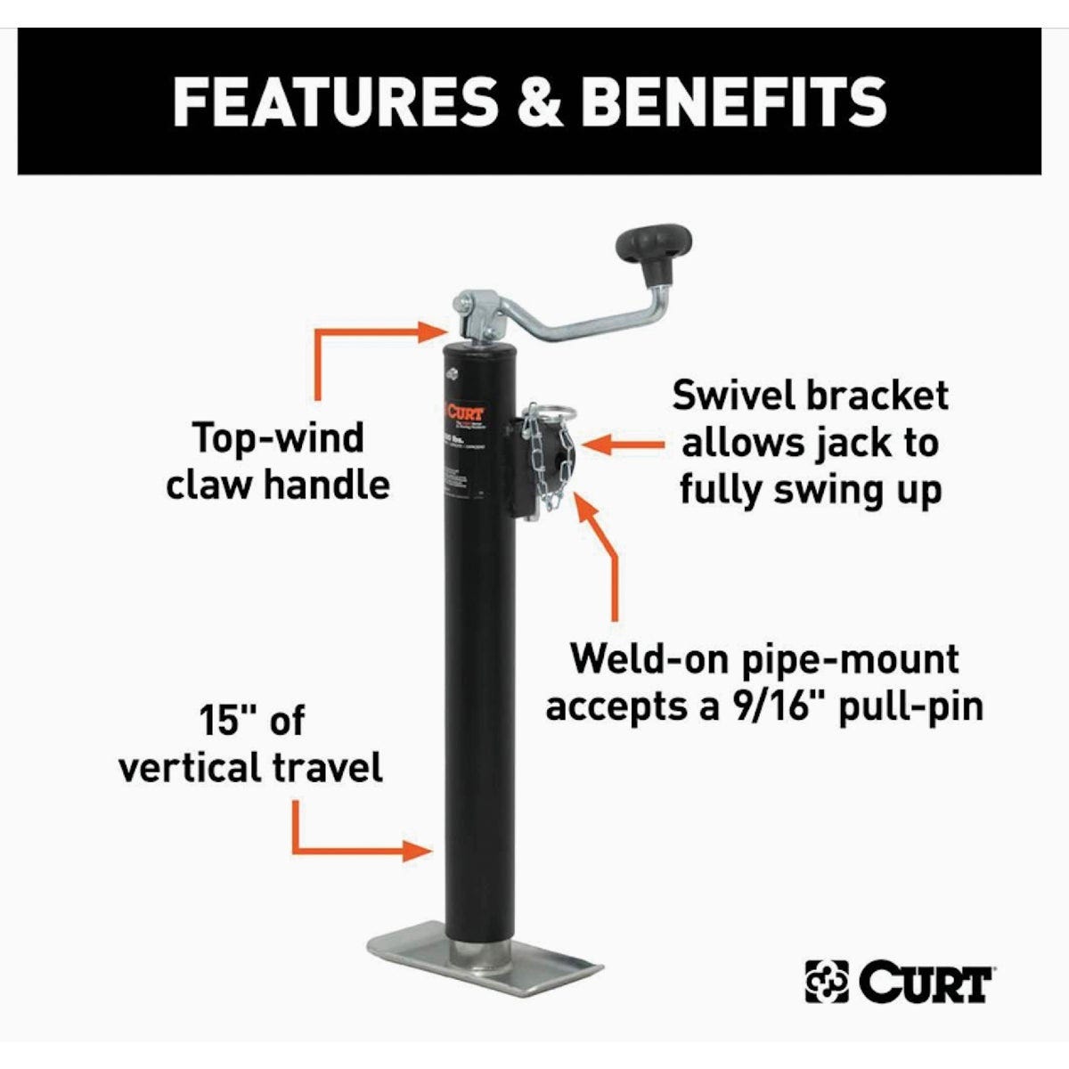 Curt 2000 Lb. Pipe-Mount Swivel Jack With Top Handle, 15 In. Travel - photo 2