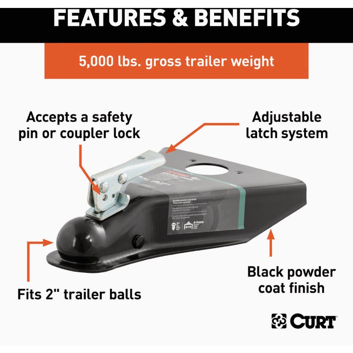 Curt Black A-Frame Trailer Coupler, 2 In. Hitch Ball, 5,000 Lb. Strength - photo 3 Curt Black A-Frame Trailer Coupler, 2 In. Hitch Ball, 5,000 Lb. Strength - photo 3