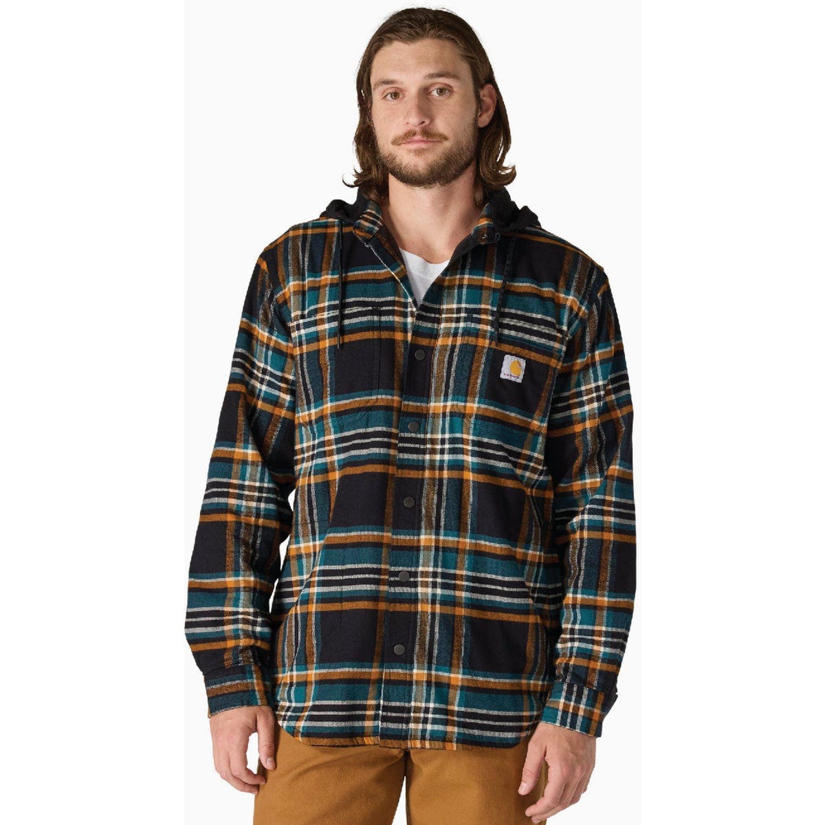 Carhartt Rugged Flex Men's Large Tall Black/Greenstone Fleece-Lined Flannel Hooded Shirt Jacket, Relaxed Fit