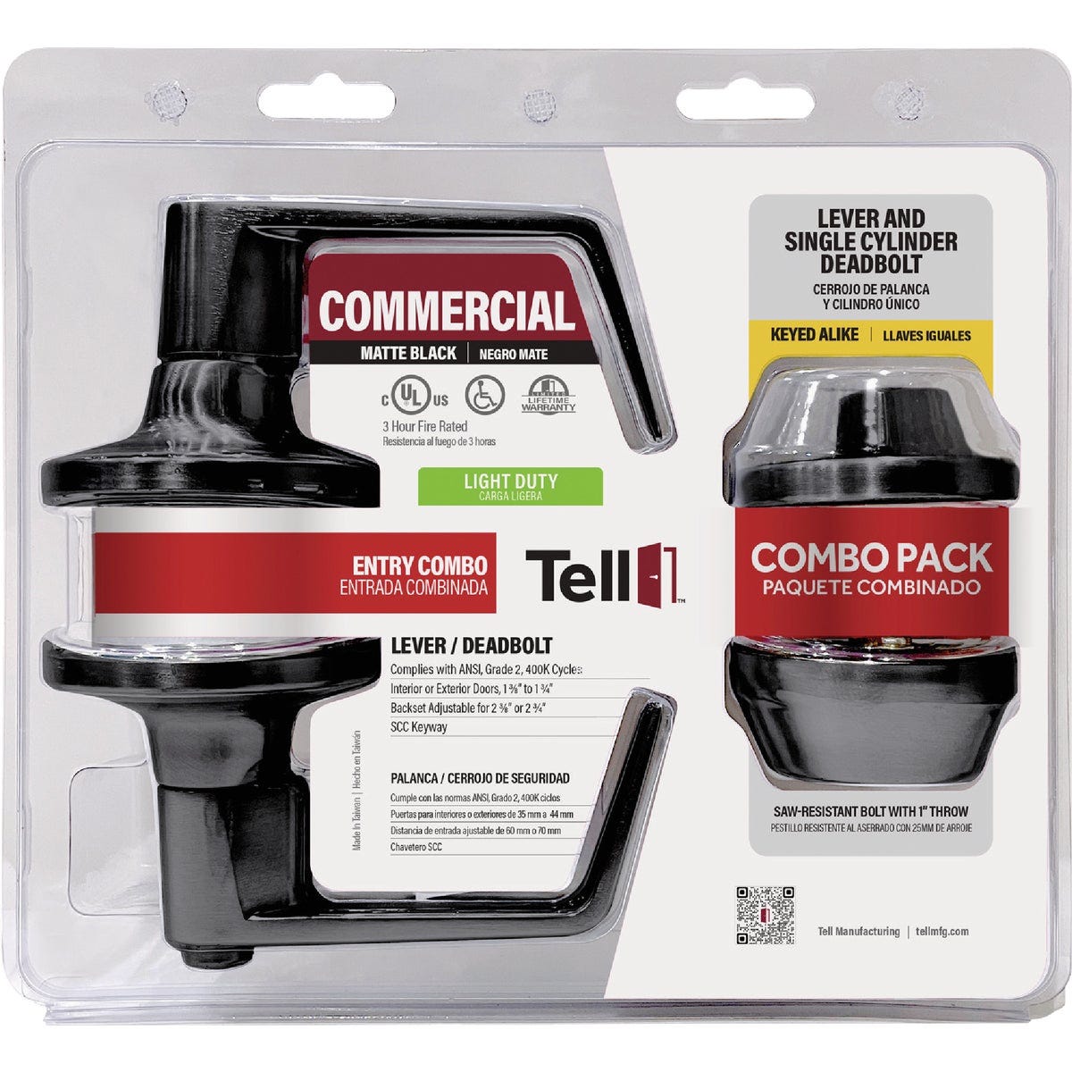 Tell Commercial Cortland Matte Black Entry Lever & Deadbolt Pack