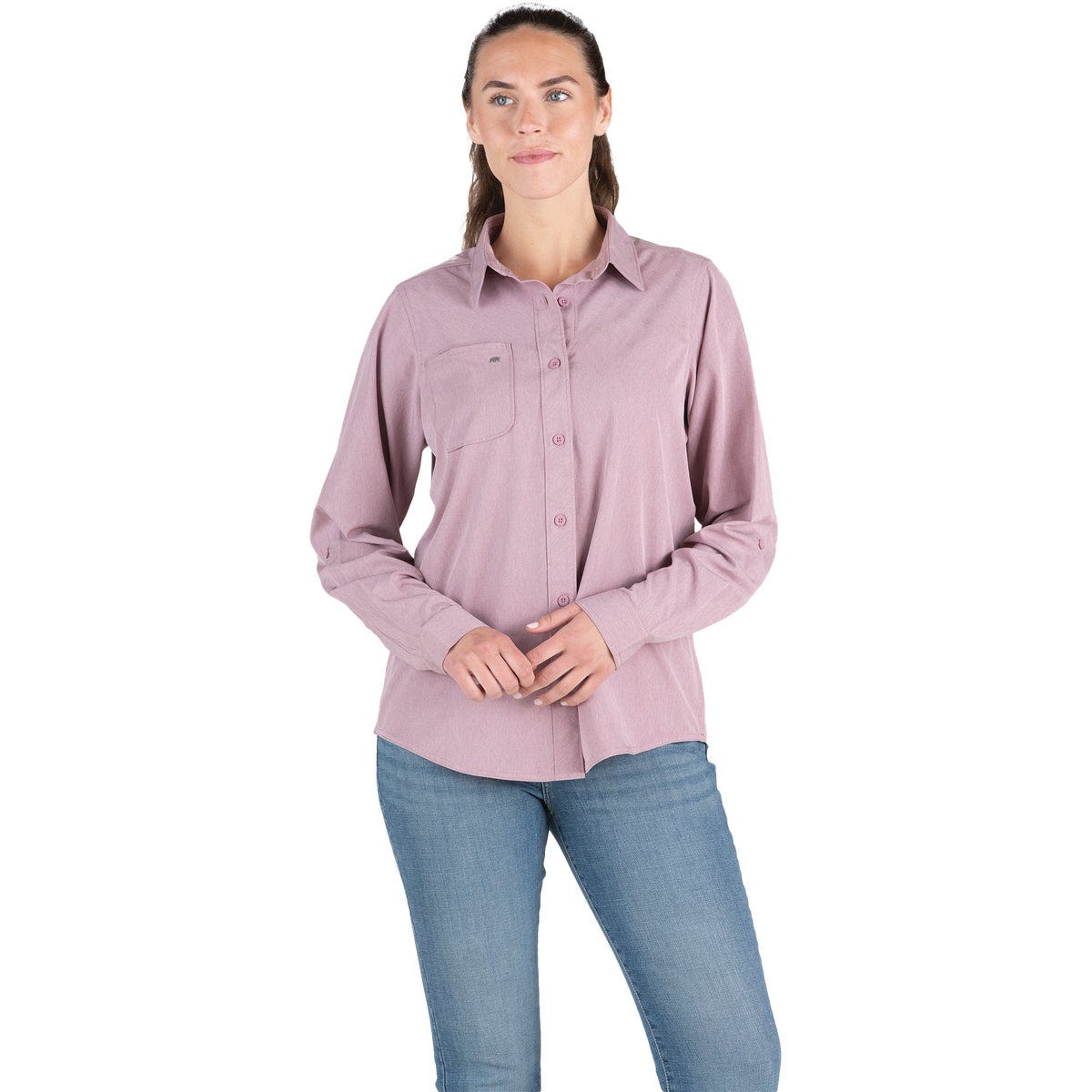 Berne Flex180 Women's Medium Heathered Elderberry UPF Button Down Long Sleeve Shirt