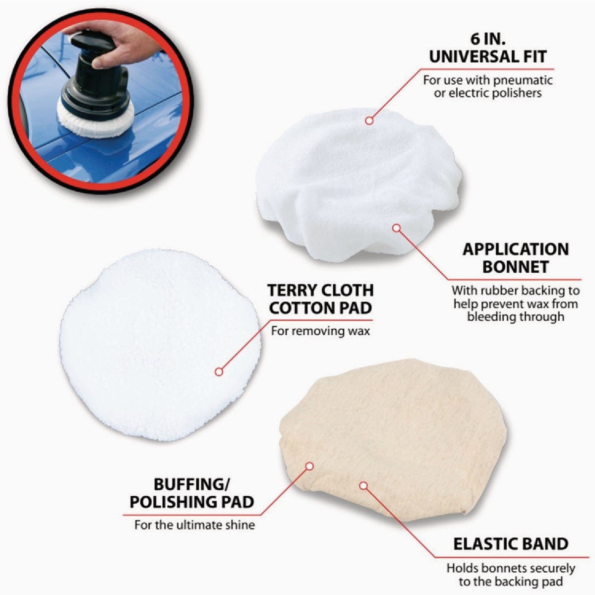 Performance Tool 6 In. Car Polisher Bonnet Kit (3-Piece) - photo 3 Performance Tool 6 In. Car Polisher Bonnet Kit (3-Piece) - photo 3