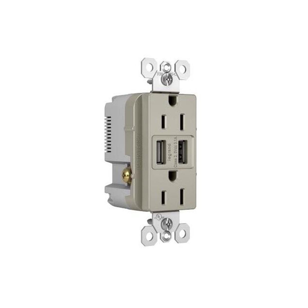 Legrand Pass & Seymour 15A 5V 2-Port USB Charging Outlet with Tamper-Resistant Duplex Outlet, Nickel