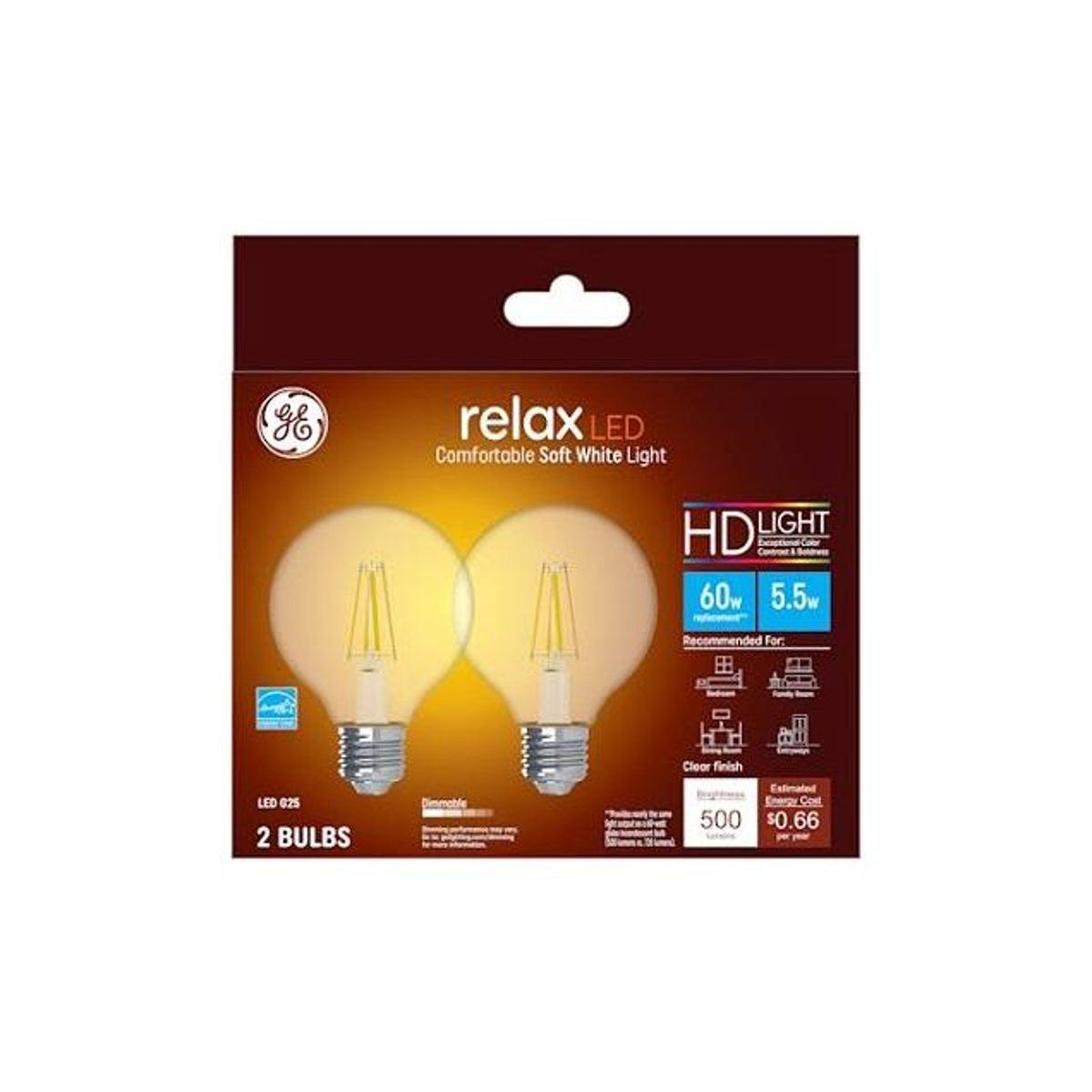 GE 2-Pack 5.5W 500 Lumens Clear Soft White LED Relax Globe Light Bulbs GE 2-Pack 5.5W 500 Lumens Clear Soft White LED Relax Globe Light Bulbs