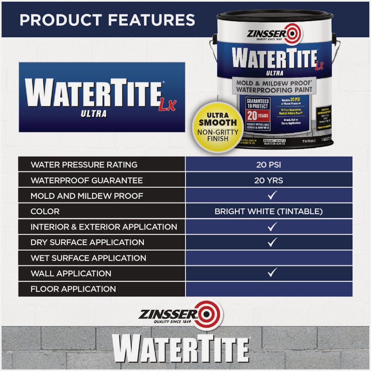 Zinsser WaterTite LX Ultra 5 Gal. Mold & Mildew Proof Waterproofing Paint - photo 2