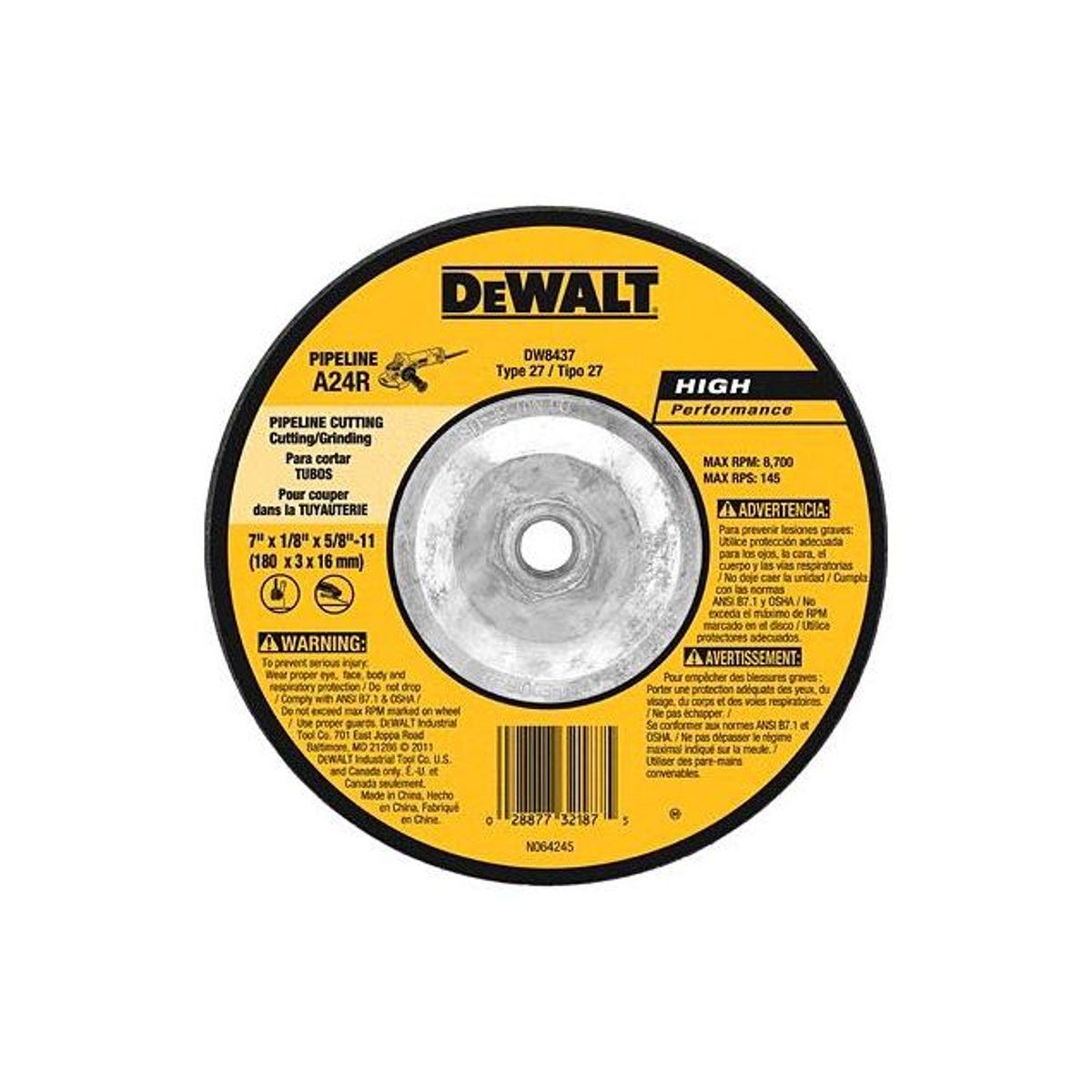 DEWALT 7 In. x 1/8 In. x 5/8 In.-11 Pipeline Cutting Wheel DEWALT 7 In. x 1/8 In. x 5/8 In.-11 Pipeline Cutting Wheel
