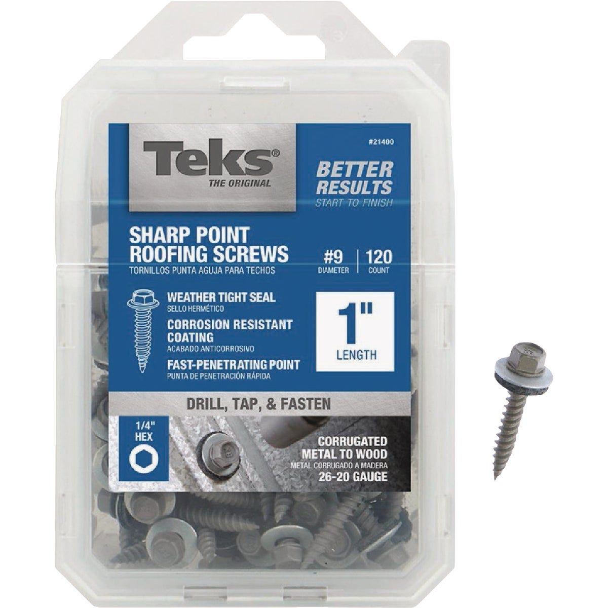 Teks #9 x 1 In. Hex Washer Head Sharp Point Metal to Wood Roofing Screw (120-Count) Teks #9 x 1 In. Hex Washer Head Sharp Point Metal to Wood Roofing Screw (120-Count)