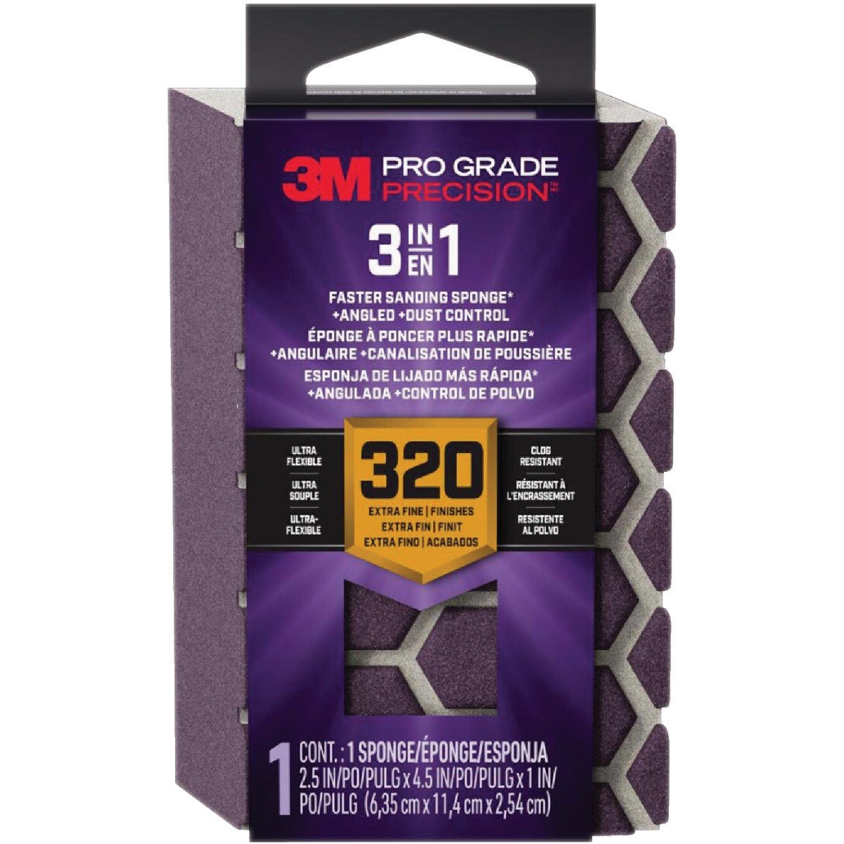 3M Pro Grade Precision 2.5 In. x 4.5 In. x 1 In. 320 Grit Extra Fine 3-in-1 Sanding Sponge